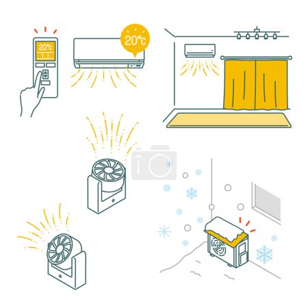 Winter air conditioner power saving measures illustration set