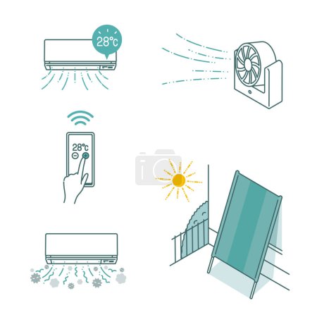 Conjunto de ilustración de ahorro de energía de verano (control de temperatura del aire acondicionado con aplicación para teléfonos inteligentes)