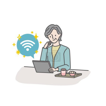 A senior woman who is satisfied with a comfortable Wi-Fi environment (using a tablet)