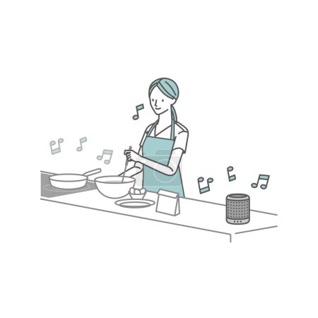 Téléchargez les photos : Une femme / cuisine qui cuisine en écoutant de la musique sur un haut-parleur intelligent - en image libre de droit