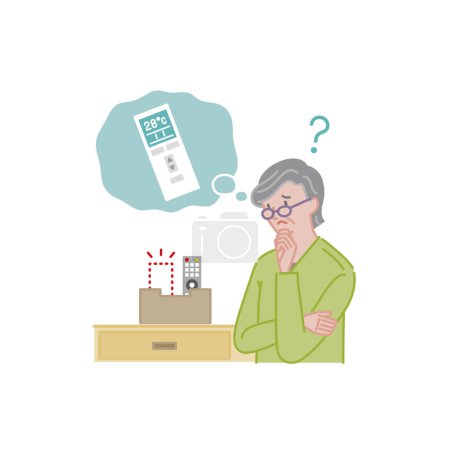 Una mujer mayor que ha perdido su control remoto del aire acondicionado (ilustración en color)