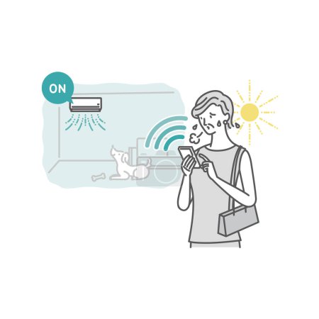 Téléchargez les photos : Smart Home : Climatiseur _ Senior femme allume le climatiseur pour animaux domestiques avec application smartphone de l'extérieur - en image libre de droit