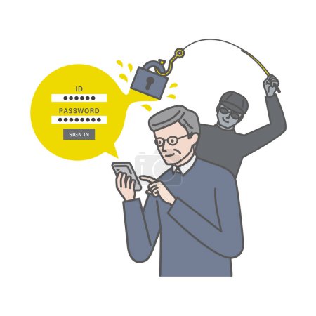Illustration for Senior man logging in without noticing a phishing email - Royalty Free Image