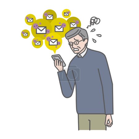 Illustration for A senior man who is confused by spam mails arriving one after another - Royalty Free Image