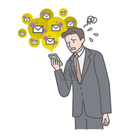 Illustration for A young man who is puzzled by receiving spam mails one after another - Royalty Free Image