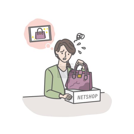 Illustration for A young woman who is in a hurry because the bag she bought at the online shop is defective - Royalty Free Image