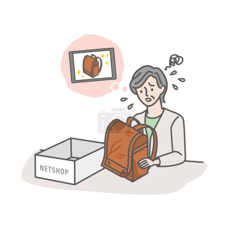 Illustration for A senior woman who is impatient because the school bag she bought at the online shop is defective - Royalty Free Image