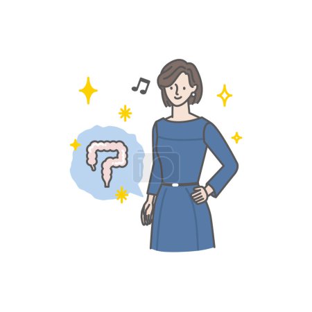 Illustration for A young woman who has improved constipation (there is no tightness in the lower abdomen and she can wear dresses well) - Royalty Free Image