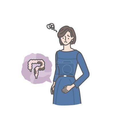 Une jeune femme avec constipation (le bas de l'abdomen est gonflé et la robe ne peut pas être bien portée)