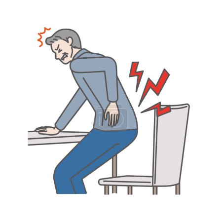 Téléchargez les illustrations : Homme âgé souffrant de maux de dos en se levant d'une chaise - en licence libre de droit