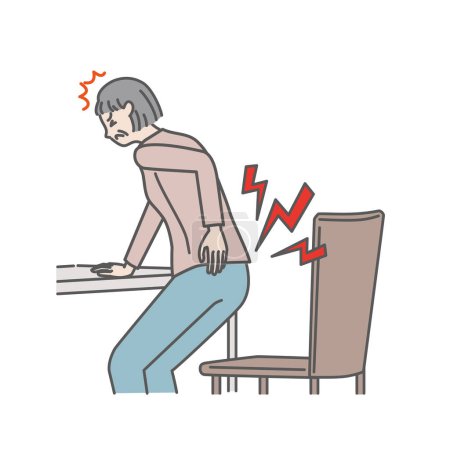 Téléchargez les illustrations : Femme âgée avec des douleurs lombaires en se levant d'une chaise - en licence libre de droit