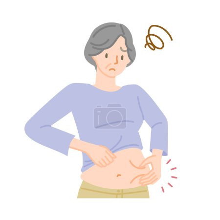 Preocupaciones de dieta: Mujer mayor pellizcándose el estómago con las manos (menopáusica)
