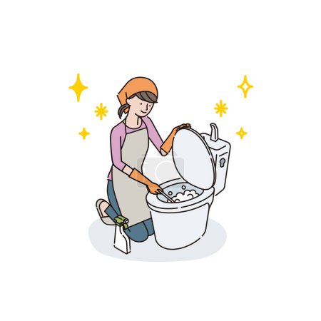 Young woman B cleaning the toilet (cleaning with a toilet brush)