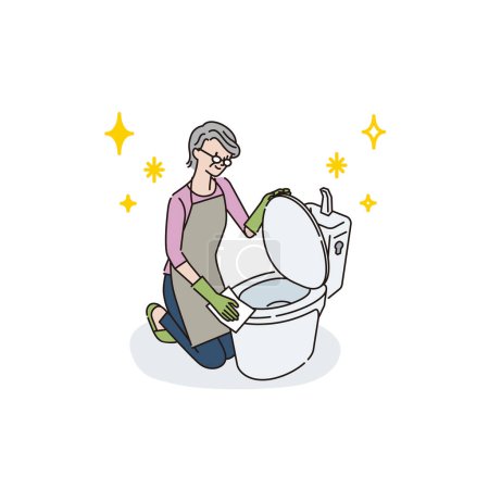 Senior woman cleaning the toilet (wiping)