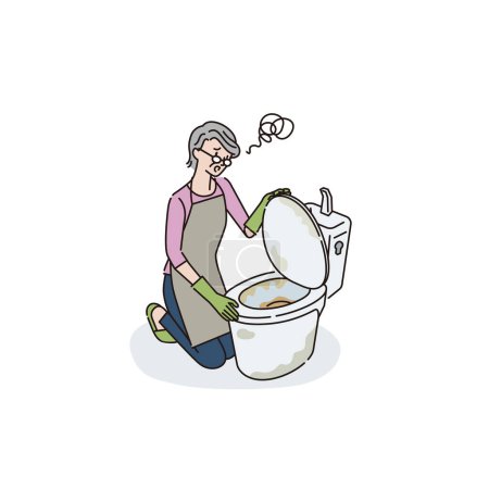 Eine Seniorin, die sich über eine schmutzige Toilette ärgert