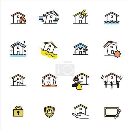 Téléchargez les photos : Ensemble d'icônes simple : Assurance habitation (assurance incendie / assurance tremblement de terre) - en image libre de droit
