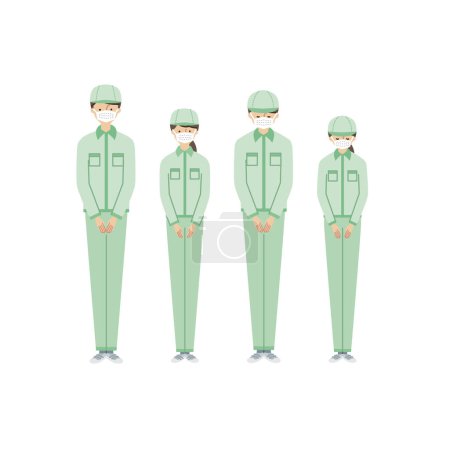 Illustration for Business scene: Men and women bowing (work clothes, masks, main line included) - Royalty Free Image