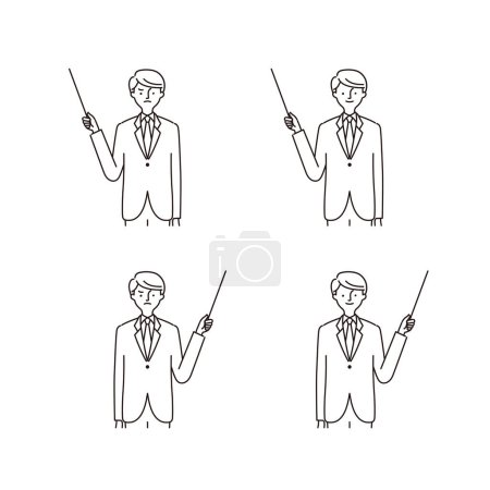 Business scene: pointing, pointing stick, man (line drawing)