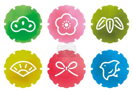 Seasonal materials: snow ring pattern and 6 types of lucky charms icon set (watercolor style)