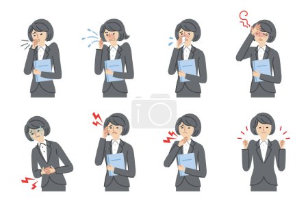Illustration for Business: Women, illnesses, 7 types of symptoms and energetic poses (no main line) - Royalty Free Image
