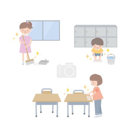 children is cleaning in classroom