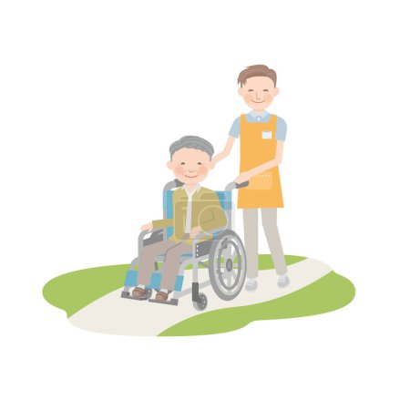 Pfleger und Opa ziehen einen Rollstuhl