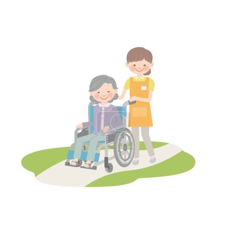 An old woman whose wheelchair is pulled by a caregiver