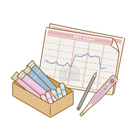 Illustration for Women's health: Sanitary products (tampons, basal body temperature charts, women's thermometers) - Royalty Free Image