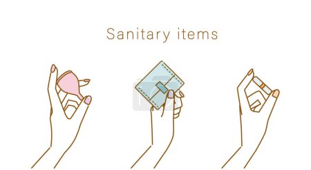 Set schöner weiblicher Hände mit Hygieneartikeln (Servietten, Tampons, Menstruationstassen))