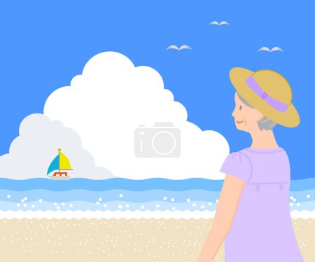 Summer material: A senior woman looking up at the blue sky with clouds at the sea with a smile