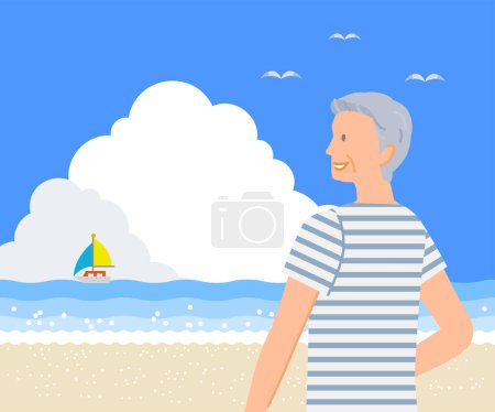 Summer material: A senior man looking up at the blue sky with clouds at the sea with a smile