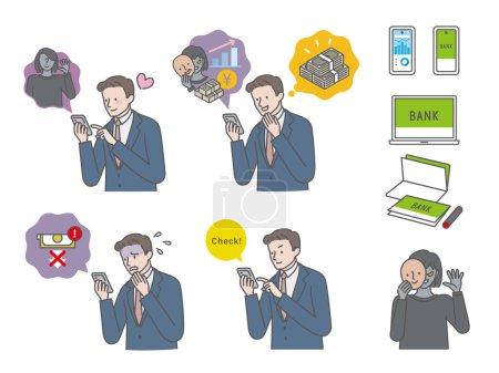 SNS investment: Young male fraud victim illustration icon set