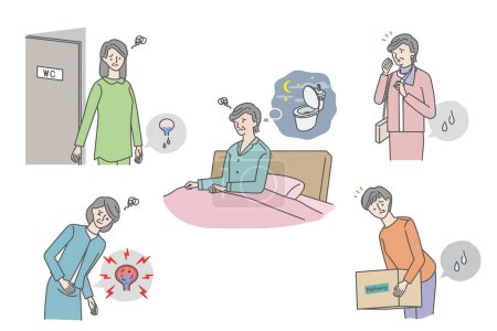 Problemas urinarios para las mujeres mayores (fugas urinarias, sensación de orina residual, nocturia, cistitis) set de ilustración