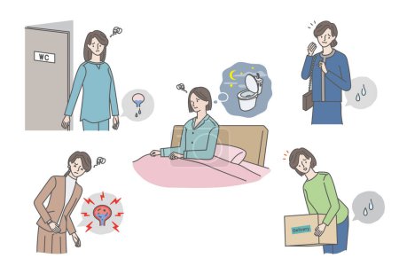 Illustrationssatz zu Harnproblemen bei Frauen (Harnleckage, Harnrückstandsgefühl, Nachtfröste, Blasenentzündung))