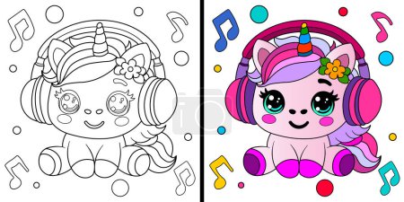 Cute unicorn with headphones. Coloring page. Vector illustration.
