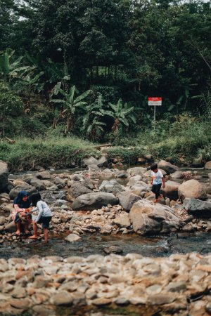 Foto de Curug Sentul refrescante: Río claro que fluye de la cascada, rodeado de bosques, ideal para los amantes de la naturaleza - Imagen libre de derechos