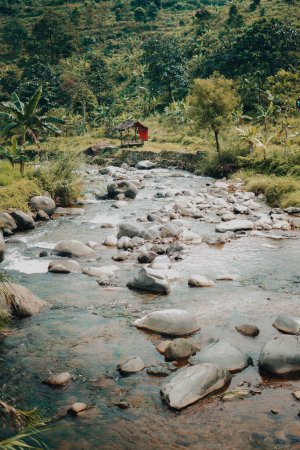 Téléchargez les photos : Curug Sentul rafraîchissant : Rivière claire qui coule de la cascade, entourée de forêts, idéale pour les amoureux de la nature - en image libre de droit