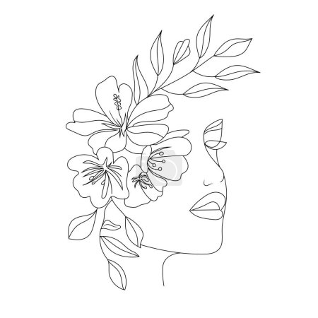 Beautiful woman and flowers in line art style