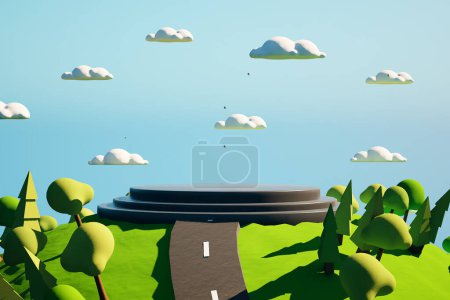 A serene 3D image of a circular platform floating above a stylized landscape with trees, clouds, and a path leading to the unknown