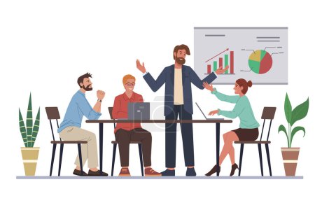 Illustration for Business conference flat vector illustration boss and employees discussing project - Royalty Free Image