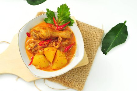 Téléchargez les photos : Curry de poulet servi dans un bol blanc avec fond bokeh - en image libre de droit