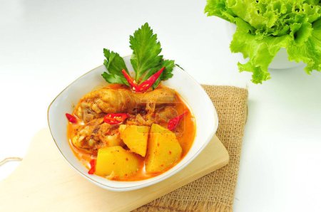 Photo for Chicken curry served in a white bowl with bokeh background - Royalty Free Image