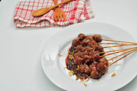 Photo for Grill meatball with ketchup on white plate - Royalty Free Image