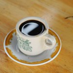 a cup of coffee on wood table