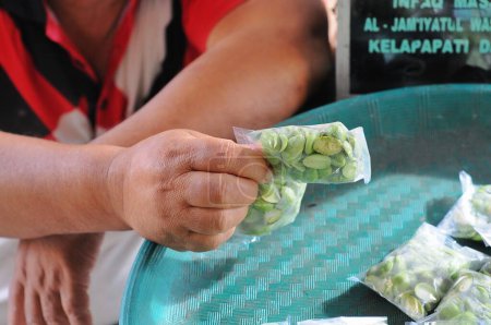 Téléchargez les photos : Une main d'homme tient un paquet de pétai ou de haricots verts au marché - en image libre de droit
