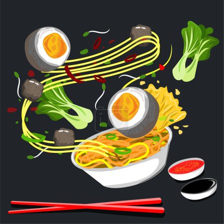 Illustration for Chinese noodles with egg meatball and vegetables. vector illustration - Royalty Free Image