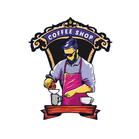 Ilustración de Hombre barista celebración taza de café y cafetera - Imagen libre de derechos