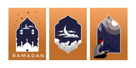 Téléchargez les illustrations : Illustration vectorielle de ramadan kareem avec mosquée et mosquée - en licence libre de droit