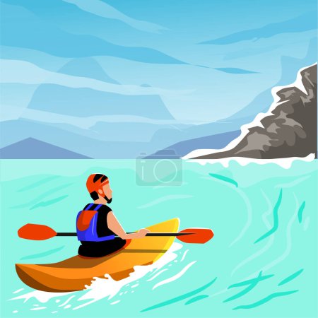 Illustration for Mountain river, extreme sports, mountain, mountain, mountain river, mountain, mountain. mountain river, mountain river, mountain river with a backpack - Royalty Free Image