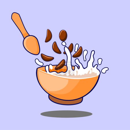 Téléchargez les illustrations : Céréales avec du lait dans un bol avec la cuillère - en licence libre de droit